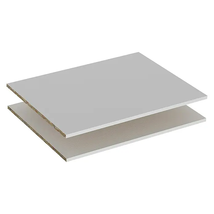 Finsa Set de estanterías para el armario - L x An x Al: 71,8 x 57,3 x 1,6 cm, Blanco - Imagen de dos tableros de aglomerado recubiertos de blanco, utilizados para la construcción de muebles o acabados interiores.