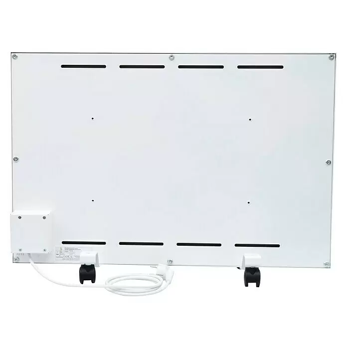 Ximax Infrarotheizkörper - 75 x 50 cm, 500 W, Weiß - Weiße rechteckige Plattenrückseite mit Befestigungspunkten, Lüftungsschlitzen, Steuerbox und aufgerolltem Stromkabel.