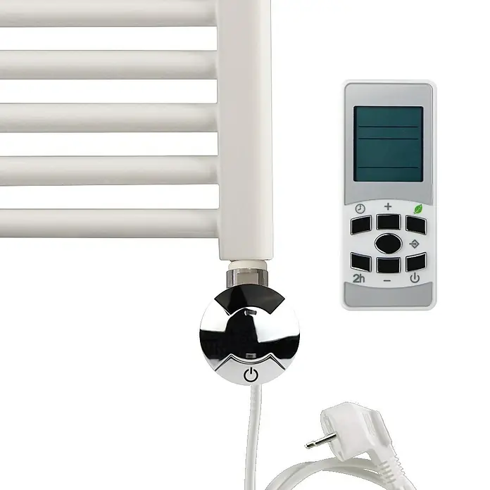 Ximax Heizstab Typ 4300 W, Chrom, Länge: 370 mm - Ein Heizkörper mit einem runden, chromfarbenen Thermostat und einer zugehörigen Fernbedienung. Der Heizkörper ist weiß und hat mehrere horizontale Stangen.