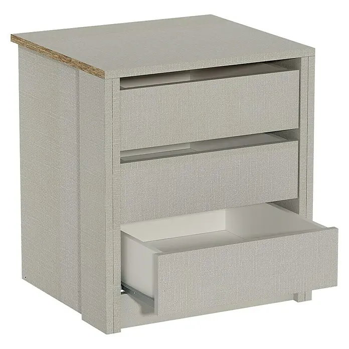 Finsa Cajonera - L x An x Al: 52,8 x 46,8 x 52,8 cm, Melamina, Gris - Mesita de noche con tres cajones, uno abierto. Mueble en colores neutros para el dormitorio.