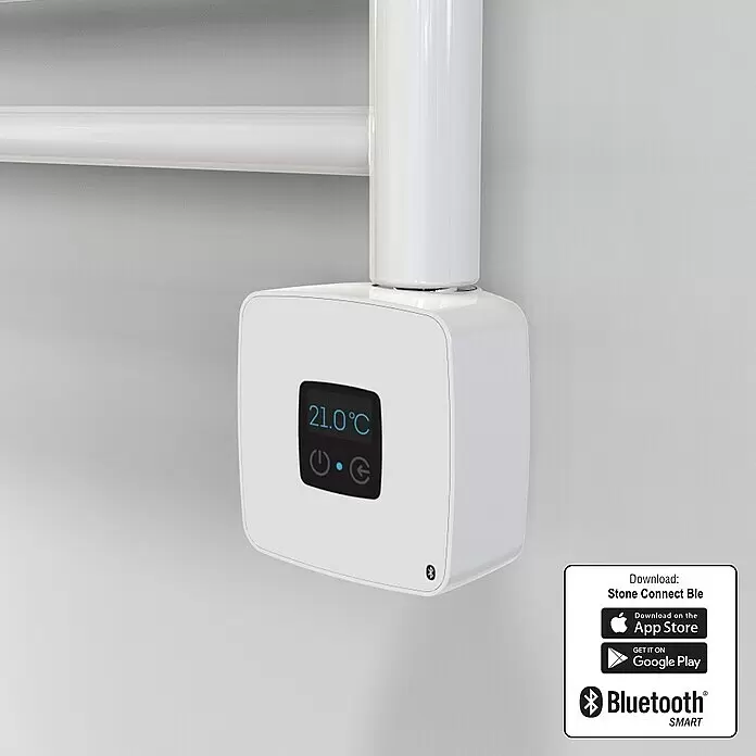 Ximax Heizstab Typ 7 - 1.200 W, Länge: 40 cm - Weißer elektrischer Handtuchwärmer-Controller mit Digitalanzeige (21.0°C) und Bluetooth-Konnektivität.