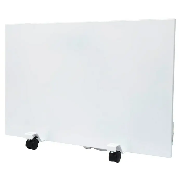Ximax Infrarotheizkörper - 75 x 50 cm, 500 W, Weiß - Weisse, mobile Infrarotheizung auf Rollen. Das Heizgerät ist rechteckig und steht auf kleinen, weissen Rollen.