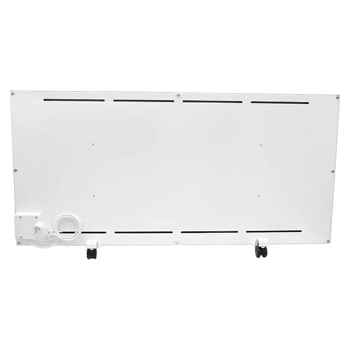 Ximax Infrarotheizkörper - 120 x 53,5 cm, 900 W, Weiß - Rückansicht eines weißen Heizkörpers mit Kabel und Rollen, der für effizientes Heizen und einfache Mobilität entwickelt wurde.