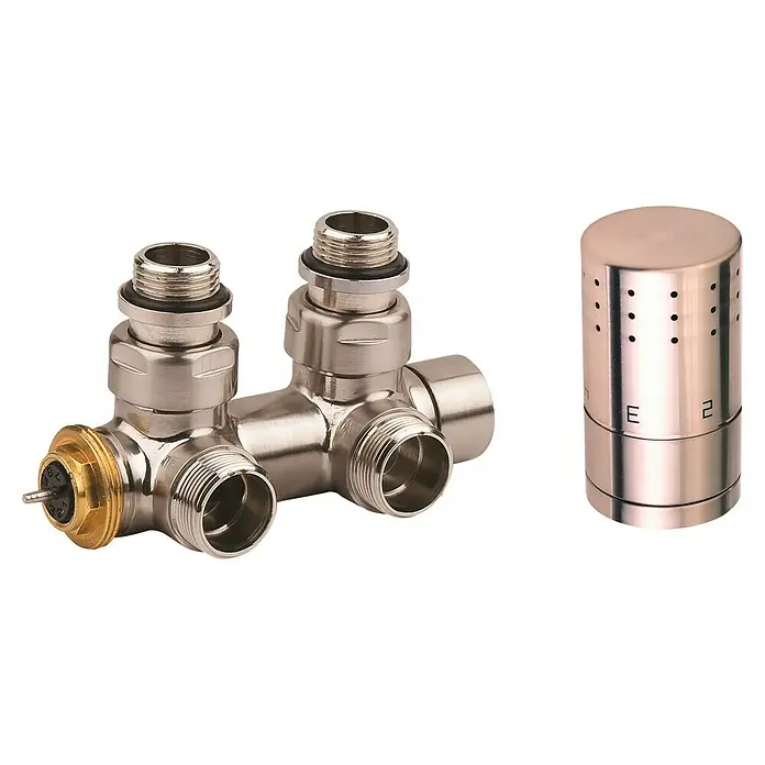 Ximax Mittenanschlussgarnitur SX Typ 2Durchmesser: 15 mm, Montageart: Klemmen, Edelstahl - Thermostatventile und Thermostatkopf: Das Bild zeigt Heizkörperventile und einen Thermostatkopf. Die Ventile sind aus Metall und der Kopf zylindrisch.
