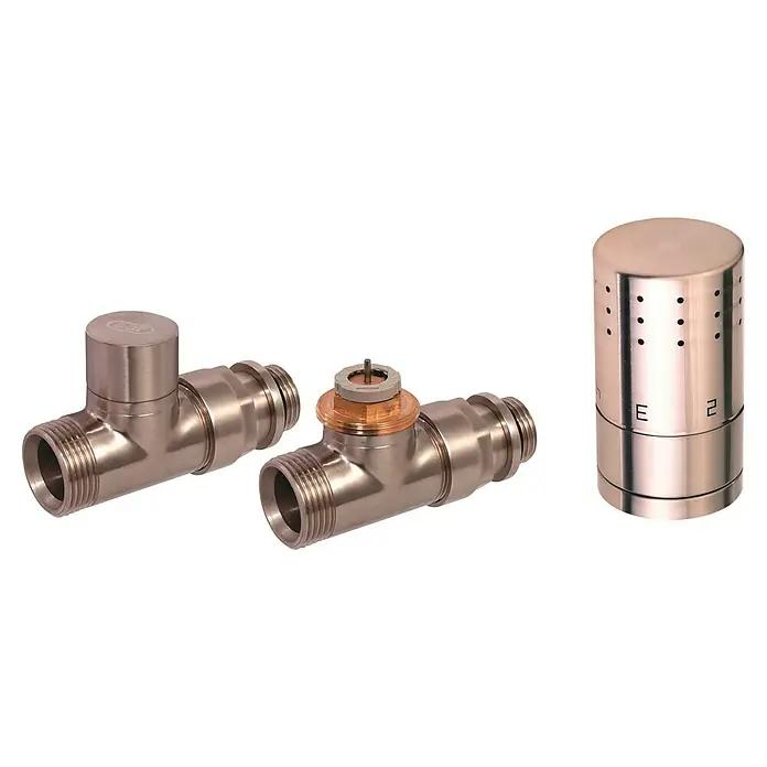 Ximax Thermostat-Set Typ SX - Durchmesser: 15 mm, Klemmen, Breite: 140 mm - Nahaufnahme von Heizkörperventilen und Thermostat, die Heizungszubehör darstellen.