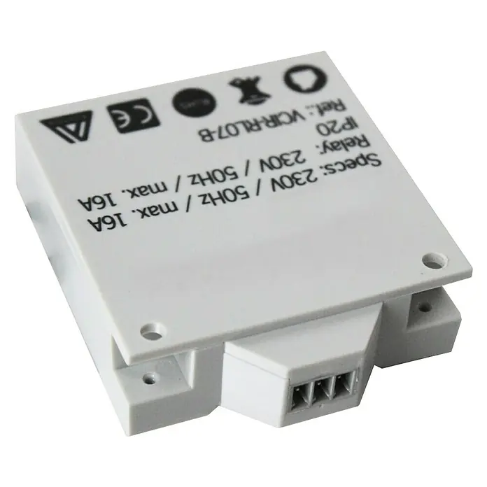 Ximax Adapter Funk-Thermostat - Breite: 60 mm - Aufnahme des weißen Relaismoduls VCIR-RL07-B mit Spezifikationen, IP20-Schutz und CE-Kennzeichnung für elektrische Sicherheit.
