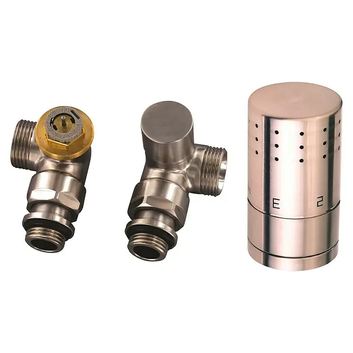 Ximax Heizkörperverschraubung Winkelform Typ SXDurchmesser: 16 mm, Edelstahl, Montageart: Klemmen - Nahaufnahme von drei Heizkörperventilen aus Metall in verschiedenen Designs.