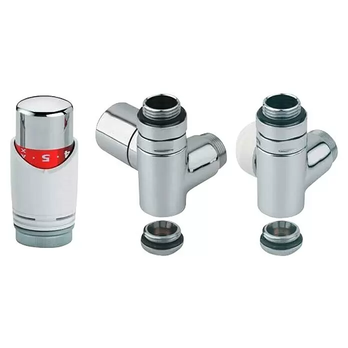 Ximax Thermostat-Set - Durchmesser: 16 mm, Weiß, Montageart: Klemmen - Weißer und verchromter Thermostatkopf mit roter Skala und passendes verchromtes Ventilgehäuse.