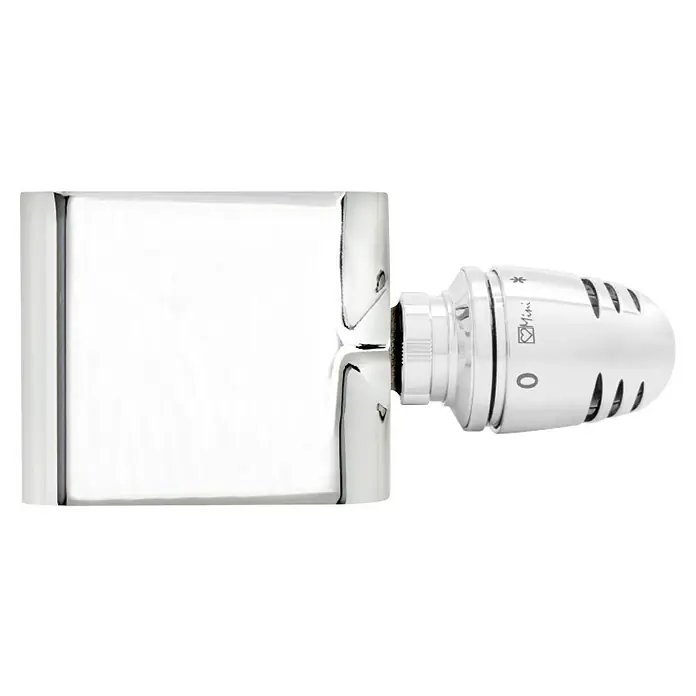 Ximax Mittenanschlussgarnitur Typ HChrom, Höhe: 69,5 mm - Das Bild zeigt ein glänzendes Heizkörperthermostat mit einem eleganten, modernen Design, ideal für stilvolle Wohnräume.