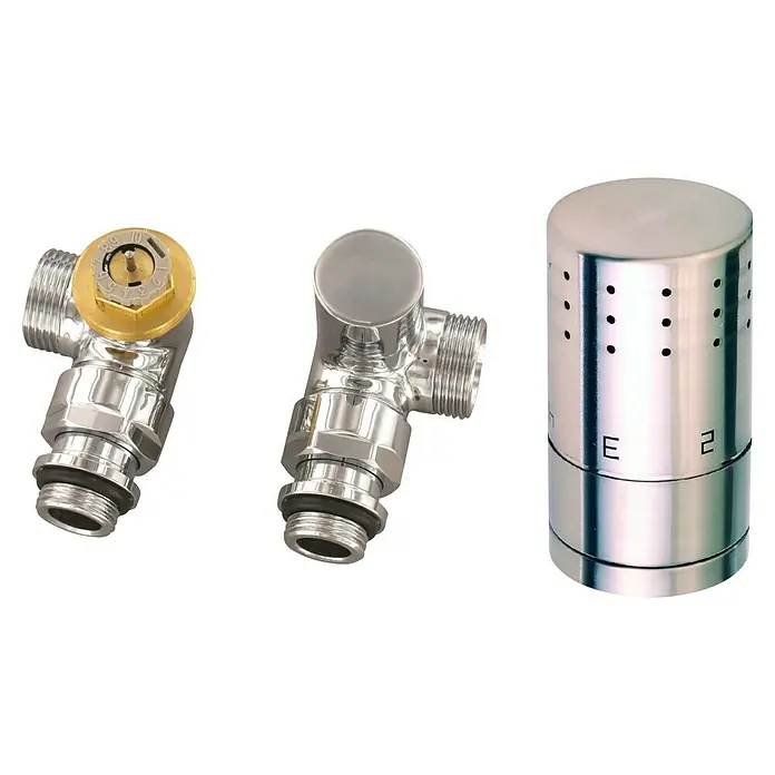 Ximax Heizkörperverschraubung Winkelform Typ SX - Durchmesser: 15 mm, Chrom, Montageart: Klemmen - Heizkörperventile: Thermostatventil mit goldenem Einstellkopf, verchromtes Eckventil und Thermostatkopf mit Belüftungsöffnungen.