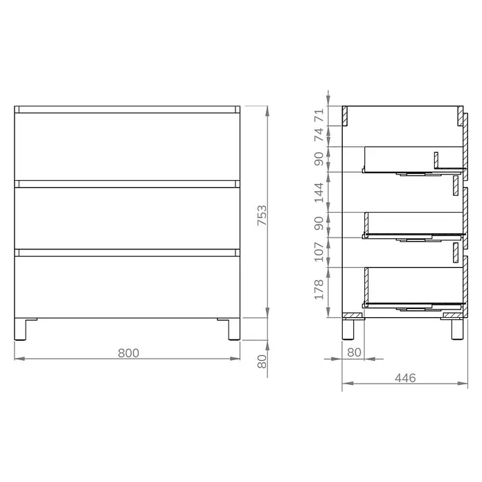Artysan Conjunto de mueble de baño Patri - Ancho: 80 cm, 3 pzs., Blanco, Mate - Dibujo técnico de un mueble de baño con cajones, dimensiones en milímetros.