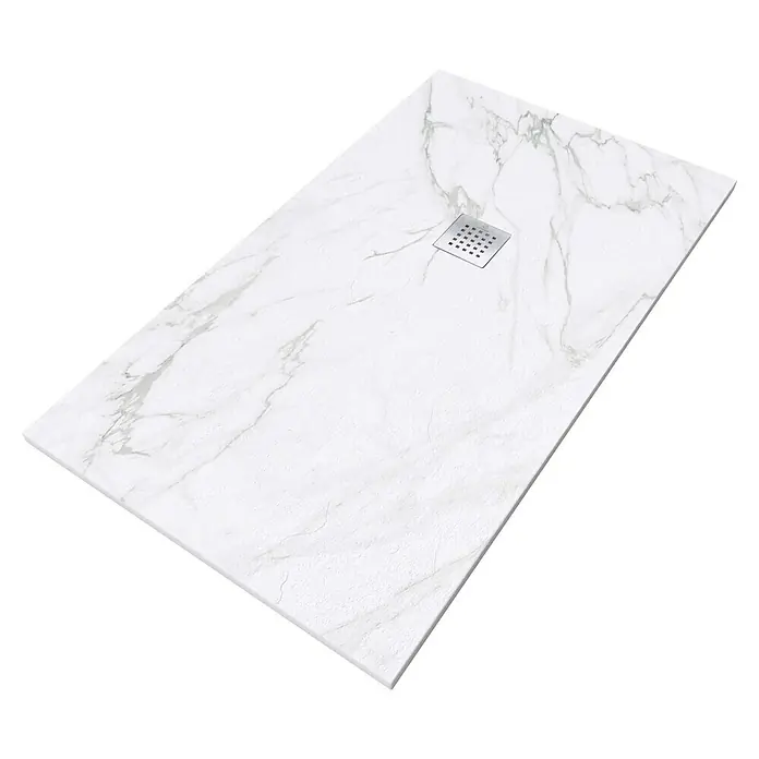 Camargue Duschwanne Calacatta - L x B: 120 x 80 cm, Mineralguss, Weiß - Elegante, rechteckige Duschwanne aus Marmor mit quadratischem Abfluss. Das moderne Design fügt sich nahtlos in jedes Badezimmer ein.