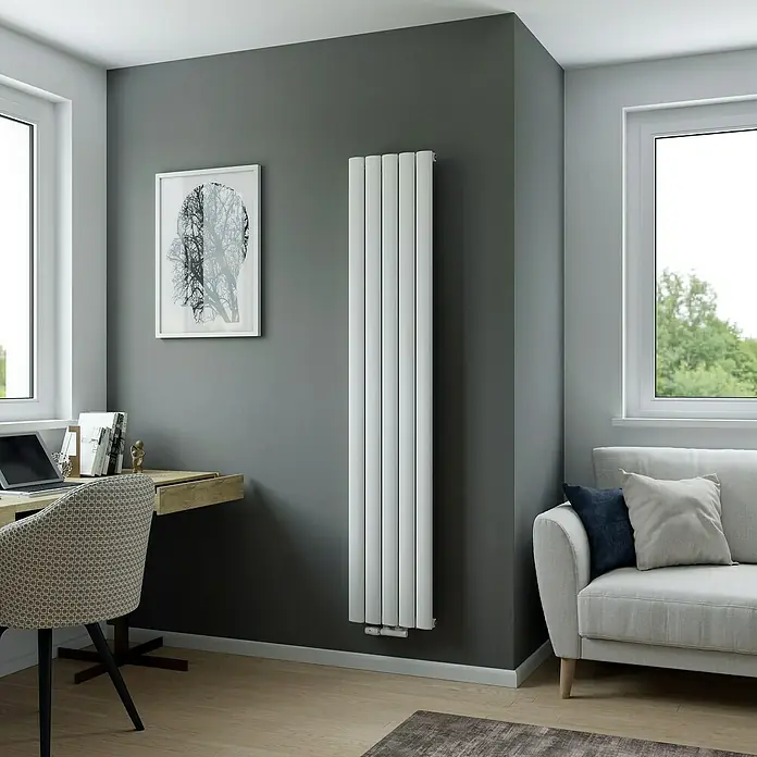 Ximax Designheizkörper Novus - B x H: 345 x 1.800 mm, Wärmeleistung bei Vorlauftemperatur von 75 °C (D: 50): 815 W, Weiß - Elegantes, schlankes Design des weißen Heizkörpers im modernen Wohnzimmer. Der Heizkörper fügt sich nahtlos in die stilvolle Einrichtung ein.