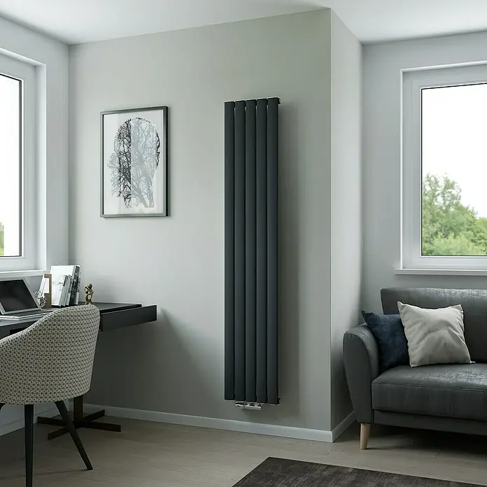 Ximax Designheizkörper Novus - B x H: 345 x 1.800 mm, Wärmeleistung bei Vorlauftemperatur von 75 °C (D: 50): 815 W, Anthrazit - Vertikaler Heizkörper in Anthrazitgrau. Modernes Design, das Wärme und Stil in Wohnräume bringt.