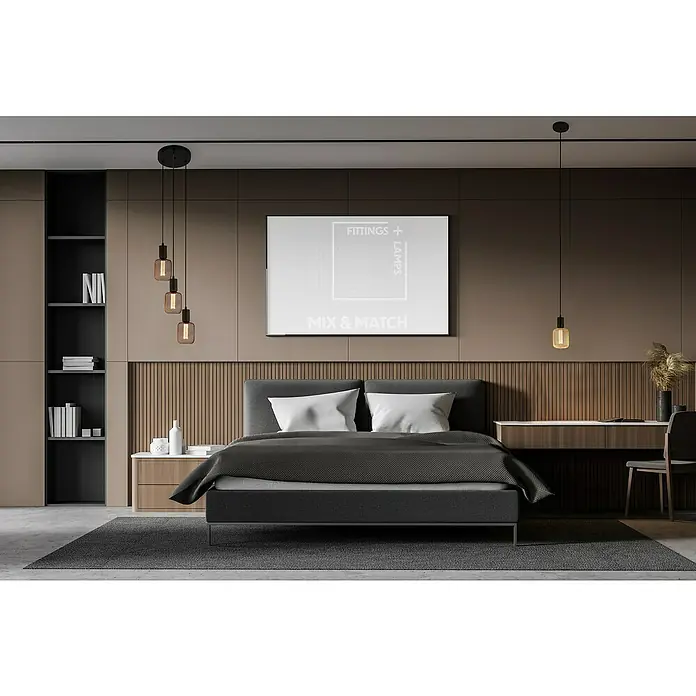 Searchlight Pendelleuchte - Schwarz, E27 - Schlafzimmer-Interieur mit einem grauen Bett, Nachttisch und einer Pendelleuchte.