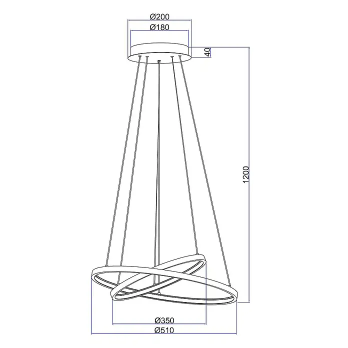 Globo LED-Pendelleuchte rund Ralph - 42 W, Ø x H: 51 x 120 cm, Schwarz/Opal, Warmweiß - Technische Zeichnung einer modernen Hängeleuchte mit kreisförmigen Elementen und Maßangaben für Durchmesser und Höhe.