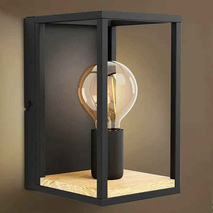 Eglo Libertad Wandleuchte LIBERTAD - 40 W, L x B x H: 140 x 0 x 240 cm - Moderne Wandleuchte mit schwarzem Rahmen, Holzregal und einer dekorativen Glühbirne, die ein stilvolles Ambiente schafft.