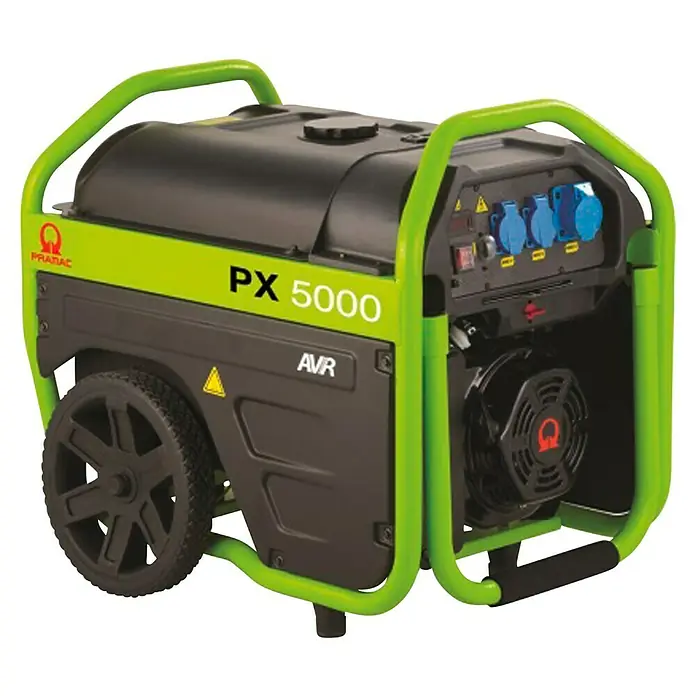 Pramac Stromerzeuger PX 5000 - Verbrauch: 1,92 l/h, Tankvolumen: 27 l - Das Bild zeigt einen Pramac PX5000 Stromerzeuger mit grünem Rahmen und schwarzen Details, ideal für den mobilen Einsatz.