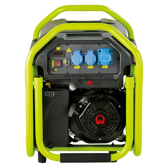 Pramac Stromerzeuger PX 5000 - Verbrauch: 1,92 l/h, Tankvolumen: 27 l - Hier ist ein Bild eines Stromerzeugers mit einem gelben Rahmen und verschiedenen Steckdosen mit 230 V. Das Gerät verfügt über ein digitales Display.