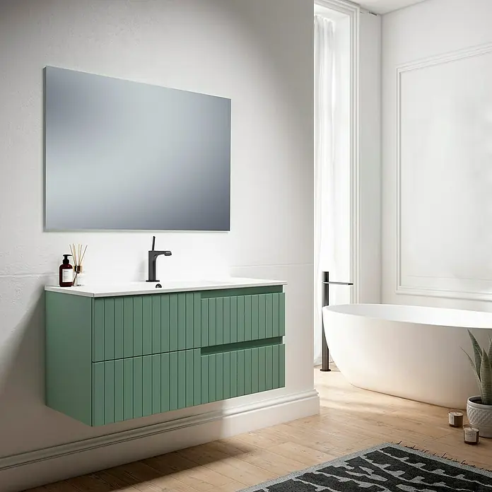 Conjunto de mueble de baño Claire - Ancho: 100 cm, Verde Olivo, Mate, 3 pzs. - Un moderno mueble de baño verde con espejo cuelga de una pared blanca en un baño elegante.