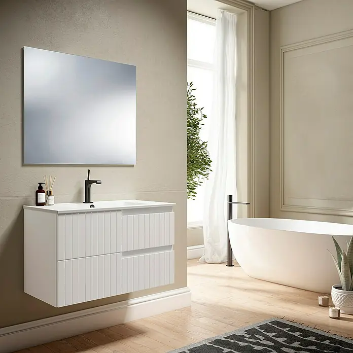 Conjunto de mueble de baño Claire - Ancho: 80 cm, Blanco, Mate, 3 pzs. - Elegante baño con un moderno mueble de lavabo blanco y un gran espejo para un ambiente elegante.