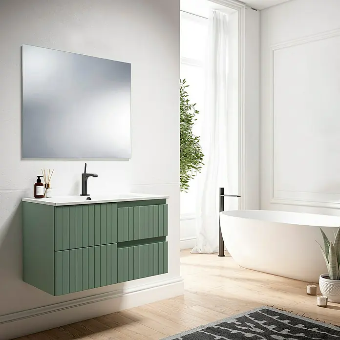 Conjunto de mueble de baño Claire - Ancho: 80 cm, Verde Olivo, Mate, 3 pzs. - Tocador de baño verde salvia con encimera blanca y espejo grande para una estética moderna.