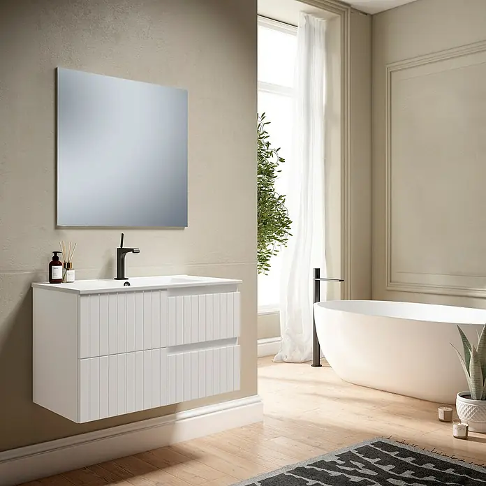 Conjunto de mueble de baño Claire - Ancho: 60 cm, Blanco, Mate, 3 pzs. - Interior de baño elegante con un moderno tocador blanco con cajones acanalados y espejo cuadrado.