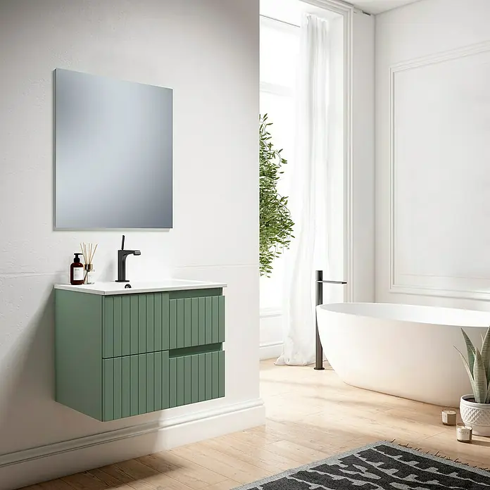 Conjunto de mueble de baño Claire - Ancho: 60 cm, Verde Olivo, Mate, 3 pzs. - Interior de baño elegante con un tocador verde con lavabo, espejo y grifo elegante.