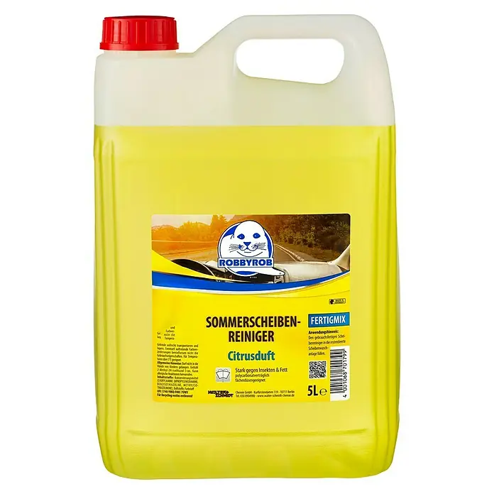 Robbyrob Scheibenreiniger Sommer - 5 l, Citrus - Abbildung einer 5L-Flasche RobbyRob Sommerscheibenreiniger Fertigmix mit Citrusduft, ideal für streifenfreie Scheiben im Sommer.