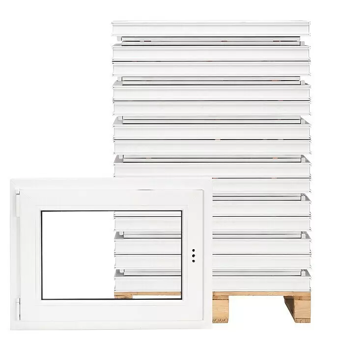 Solid Elements Ventana para sótano - An x Al: 80 x 60 cm, Apertura según normativa: Derecha, Blanco - Marcos de ventana blancos, algunos apilados sobre un palet de madera, con un marco destacado en primer plano.
