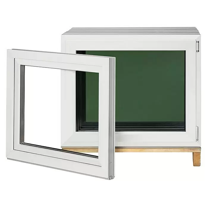 Solid Elements Ventana de PVC Basic - 100 x 80 cm, Acristalamiento: x 3, Apertura según normativa: Derecha, Blanco - Dos ventanas de PVC blancas, una parcialmente abierta, sobre una base de madera.