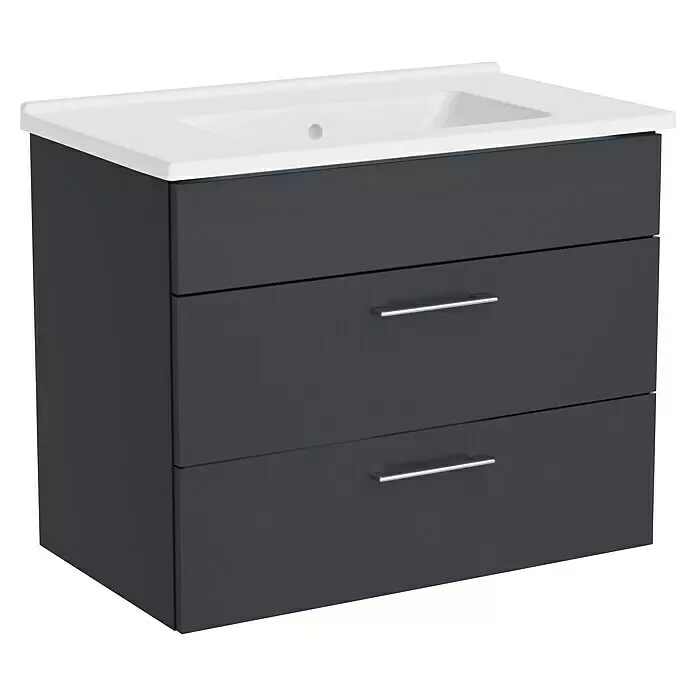 VitrA Aurinia 2.0 Waschtischunterschrank - 77 x 45 x 61 cm, Anthrazit - Dunkelgrauer Waschtischunterschrank mit zwei Schubladen und integriertem weißem Waschbecken, mit silbernen Griffen.