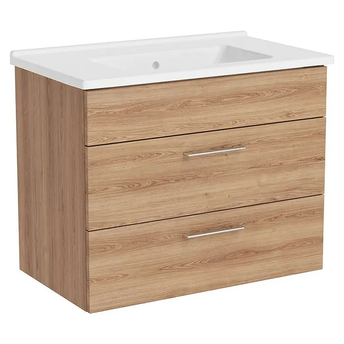 VitrA Aurinia 2.0 Waschtischunterschrank - 77 x 45 x 61 cm, Natural Oak - Moderner Waschtischunterschrank in Holzoptik mit weißen Aufsatzwaschbecken und zwei Schubladen mit silbernen Griffen.