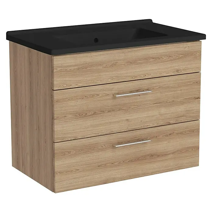 VitrA Aurinia 2.0 Waschtischunterschrank - 77 x 45 x 61 cm, Natural Oak - Dieser Waschtischunterschrank mit drei Schubladen in Holzoptik und einem schwarzen Waschbeckenaufsatz bietet stilvollen Stauraum im Bad.