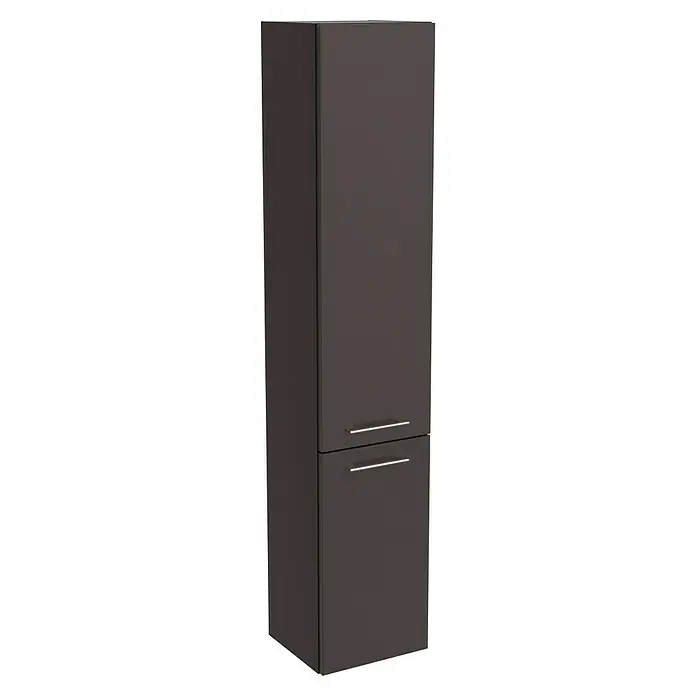 Camargue Aurinia Hochschrank - 35 x 32 x 176 cm, Anthrazit, DIN Anschlag: Links - Abbildung eines hohen, dunklen Badezimmerschranks mit zwei Schubladen und modernen Griffen. Ideal zur Aufbewahrung von Badutensilien.