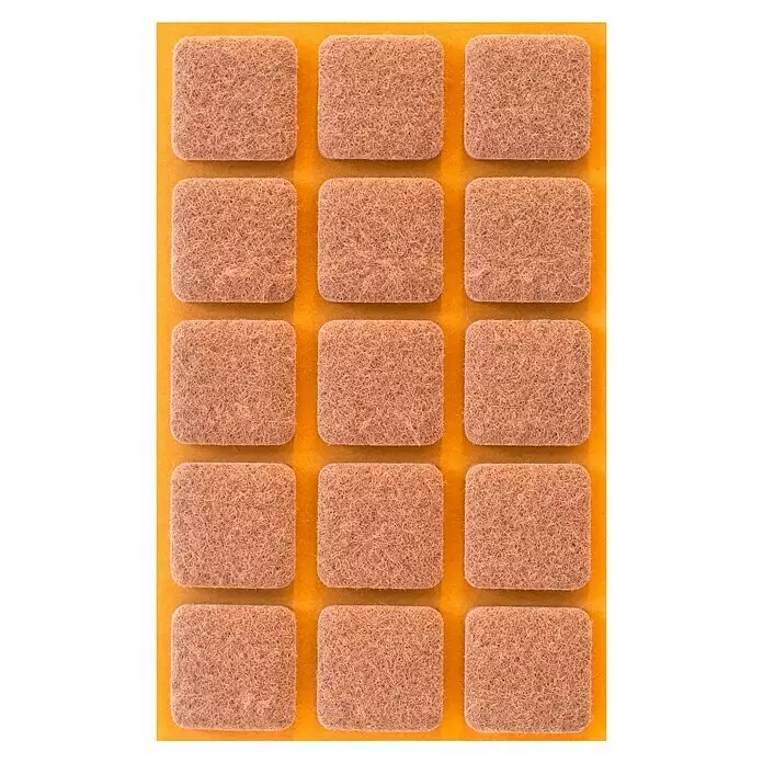 Stabilit Filzgleiter - B x L: 25 x 25 mm, Braun, 15 Stk., Kleben - Braune, quadratische Filz-Möbelgleiter mit abgerundeten Ecken, auf einer Klebefolie angeordnet.