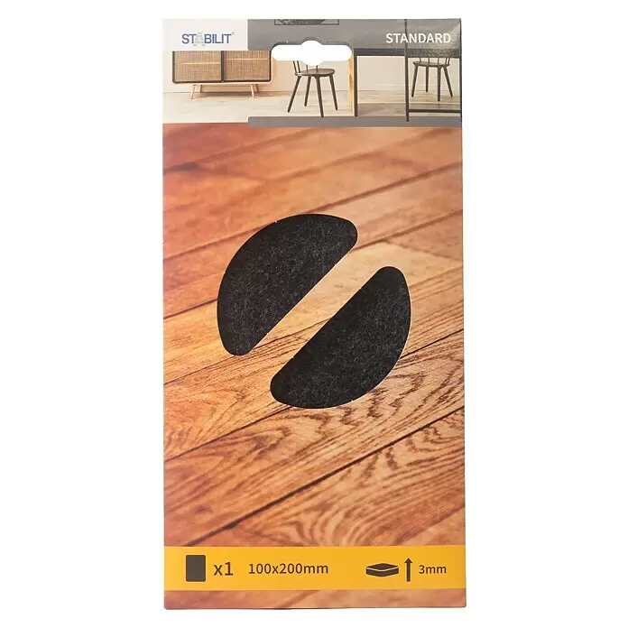 Stabilit Filzgleiter - B x L: 100 x 200 mm, Schwarz, Kleben, 1 Stk. - Schwarze selbstklebende Filzgleiter, 100x200mm, 3mm dick, zum Schutz von Böden vor Möbelkratzern.