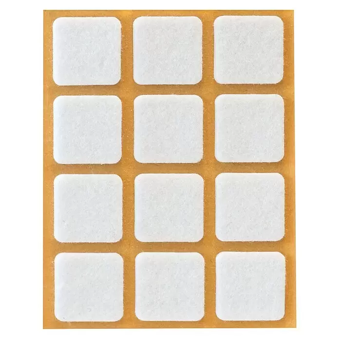 Stabilit Filzgleiter - B x L: 25 x 25 mm, Weiß, Kleben, 12 Stk. - Bogen weißer, selbstklebender Filzmöbelgleiter, abgerundet quadratisch, auf orange-braunem Trägerpapier.