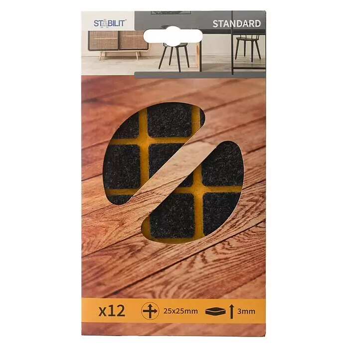 Stabilit Filzgleiter - B x L: 25 x 25 mm, Schwarz, Kleben, 12 Stk. - Dunkelgraue quadratische Filzgleiter für Möbel, 12 Stück, 25x25mm, 3mm stark, in Verpackung.
