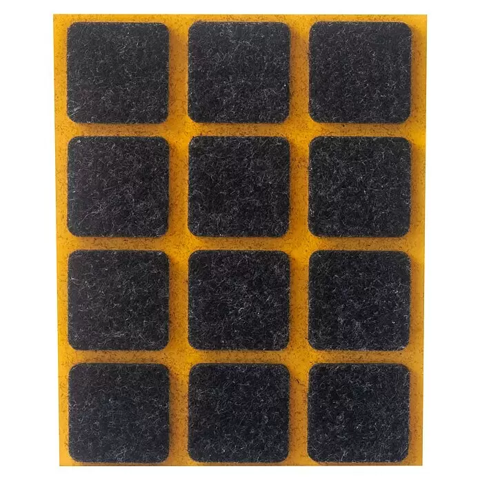 Stabilit Filzgleiter - B x L: 25 x 25 mm, Schwarz, Kleben, 12 Stk. - Bogen mit 12 schwarzen Filzgleitern in quadratischer Form mit abgerundeten Ecken auf gelber Trägerfolie.