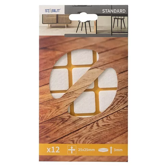 Stabilit Filzgleiter - B x L: 25 x 25 mm, Weiß, Kleben, 12 Stk. - 12 weiße selbstklebende Filzgleiter, quadratisch, 25x25mm, 3mm dick, in Holz-Optik Verpackung.