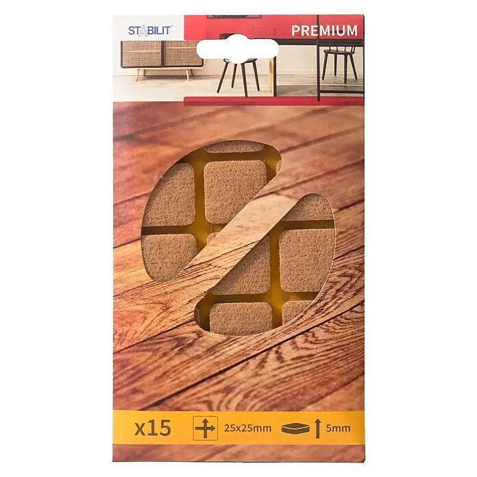 Stabilit Filzgleiter - B x L: 25 x 25 mm, Braun, 15 Stk., Kleben - Braune Filzgleiter (15 Stk., 25x25mm, 5mm dick) sichtbar durch ein Fenster auf holzgemusterter Verpackung.