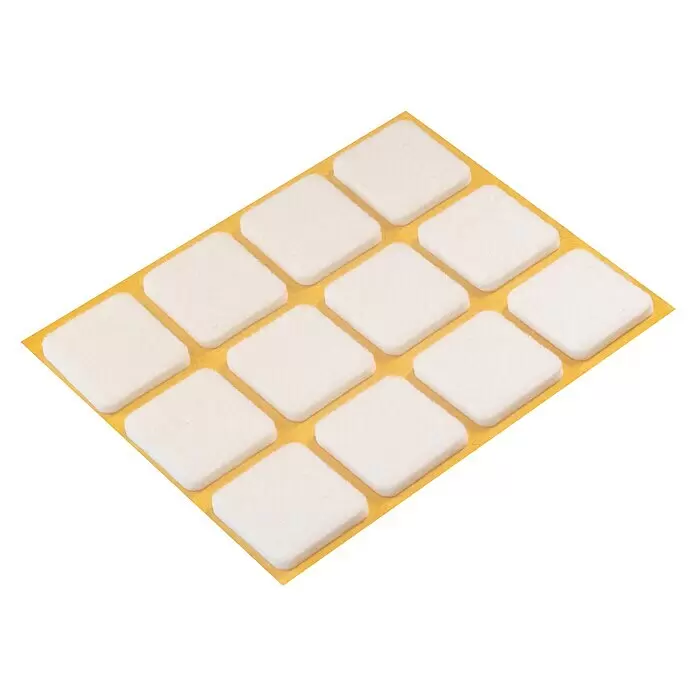 Stabilit Filzgleiter - B x L: 25 x 25 mm, Weiß, Kleben, 12 Stk. - Bogen mit weißen quadratischen Filzgleitern auf gelber Klebefolie zum Bodenschutz.