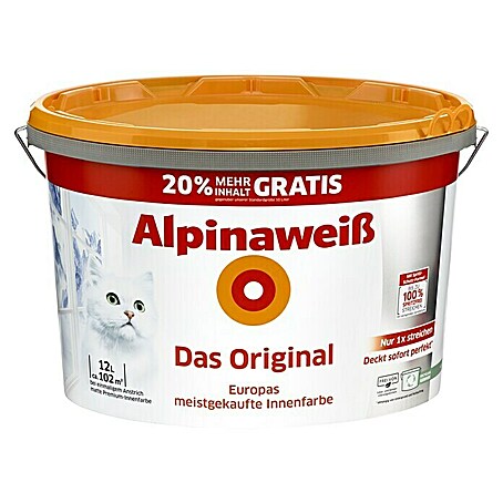 Alpina Alpinaweiß Wandfarbe Das Original 10 l + 2 l (Alpinaweiß, 12 l, Matt, Konservierungsmittelfrei)