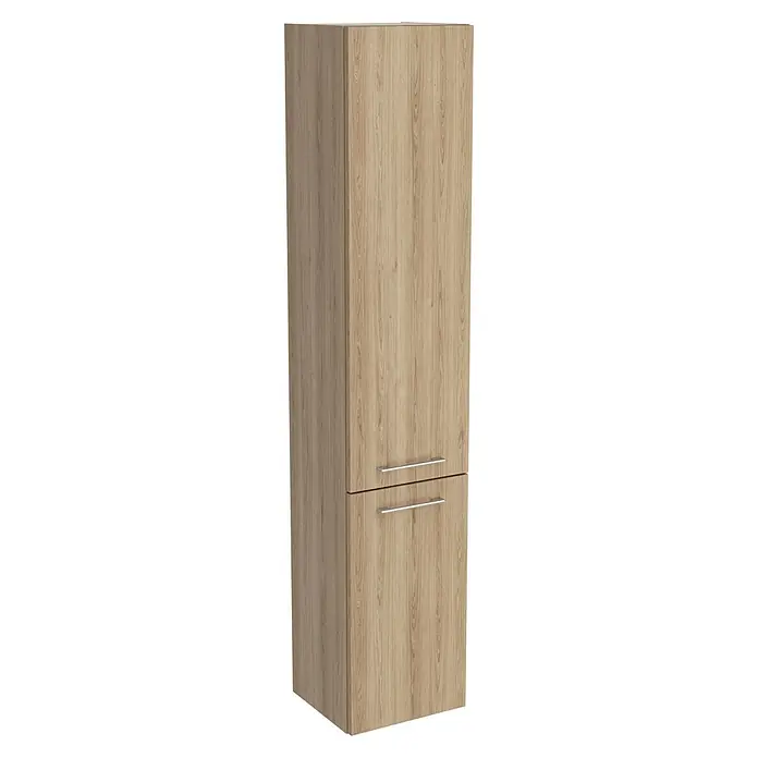 Camargue Aurinia Hochschrank - 35 x 32 x 176 cm, Natural Oak, Mit Wäschekippe, DIN Anschlag: Rechts - Ein hochformatiger, hölzerner Badezimmerschrank mit zwei Türen und horizontalen Griffen in Silber.