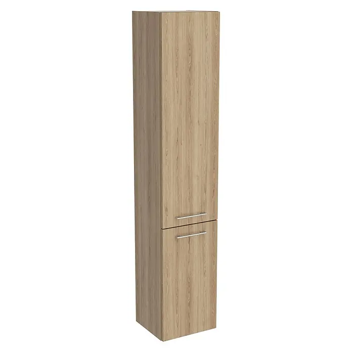 Camargue Aurinia Hochschrank - 35 x 32 x 176 cm, Natural Oak, Mit Wäschekippe, DIN Anschlag: Links - Ein schmaler, hoch aufragender Badezimmerschrank in Holzoptik mit zwei Schubladen und silbernen Griffen.