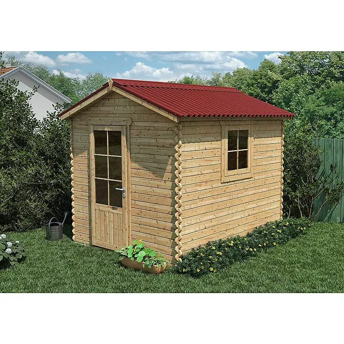 Onduline Ortgangprofil Base - Rot, 100 x 18 cm, Geeignet für: Bitumen-Wellplatten - Eine hölzerne Gartensauna mit rotem Dach, umgeben von Grün. Die Sauna hat eine Tür und ein Fenster.