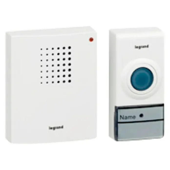 Legrand Juego de timbre inalámbrico Eco - 50 m, 80 dB, Sin corriente, IP44 - Kit de intercomunicador de puerta Legrand blanco con altavoz y botón de timbre con placa de identificación.