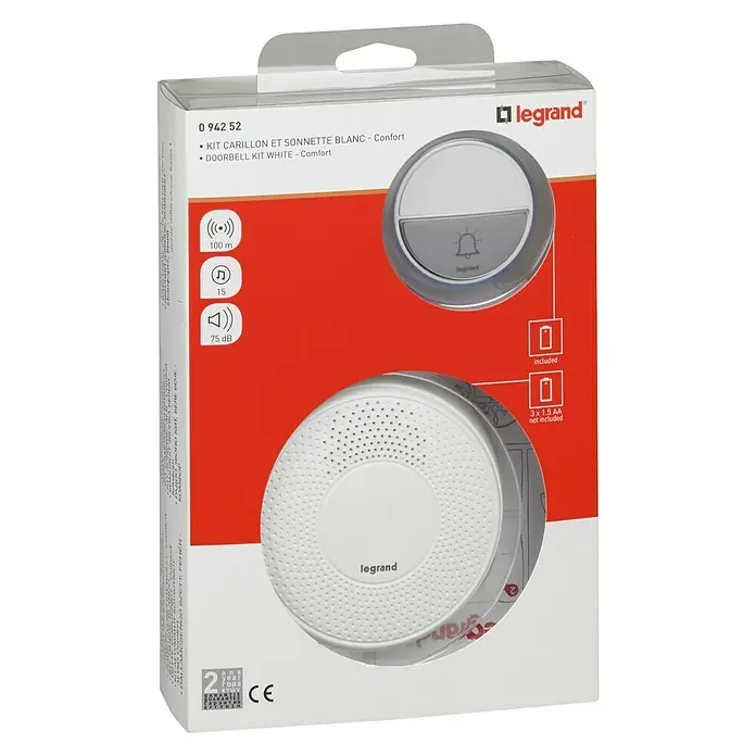 Legrand Juego de timbre inalámbrico Confort - Alcance: 100 m, 80 dB, Funciona con pilas, IP44, Blanco - Embalaje de un kit de timbre Legrand en blanco, que detalla su alcance, niveles de sonido y requisitos de batería.