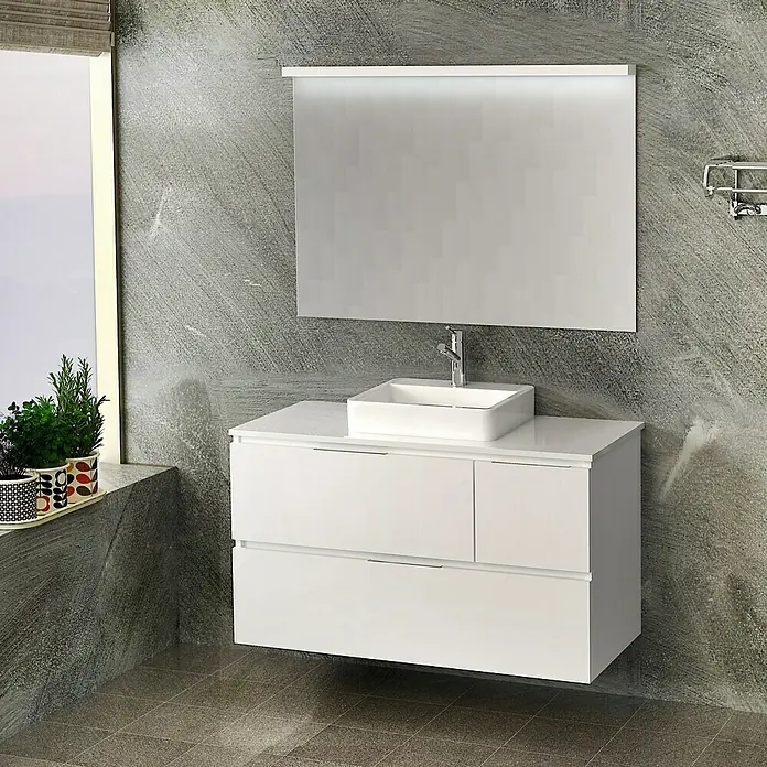 Artysan Mueble bajo de lavabo Tina Paris - An x Pr x Al: 120 x 46 x 64 cm, Blanco - Elegante lavabo de baño con mueble blanco y espejo moderno. El lavabo tiene forma cuadrada y un diseño de grifo minimalista.